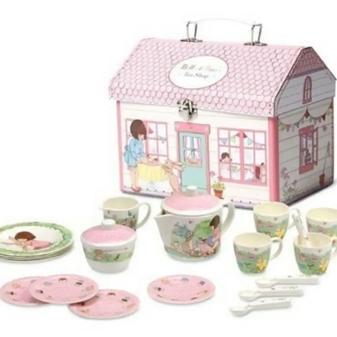 Pink and White Toy Tea Set in a House-shaped Carrying Case — Decadence Gifts & Homewares in Springsure, QLD
