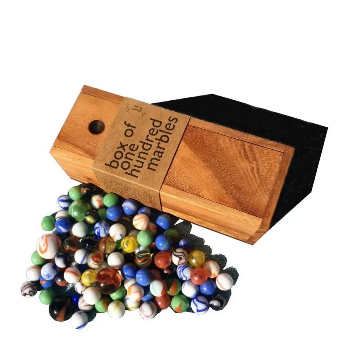 Wooden Box Labeled Box of One Hundred Marbles With Marbles Spilling Out — Decadence Gifts & Homewares in Springsure, QLD