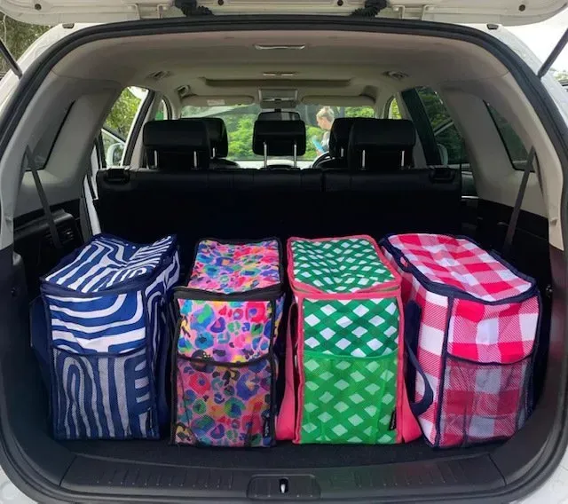 Four Patterned Tote Bags Neatly Arranged in the Open Trunk of a White Suv — Decadence Gifts & Homewares in Springsure, QLD