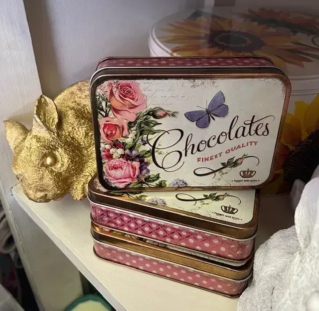 Three Decorative Chocolate Tins Stacked, Rose and Butterfly Design — Decadence Gifts & Homewares in Springsure, QLD