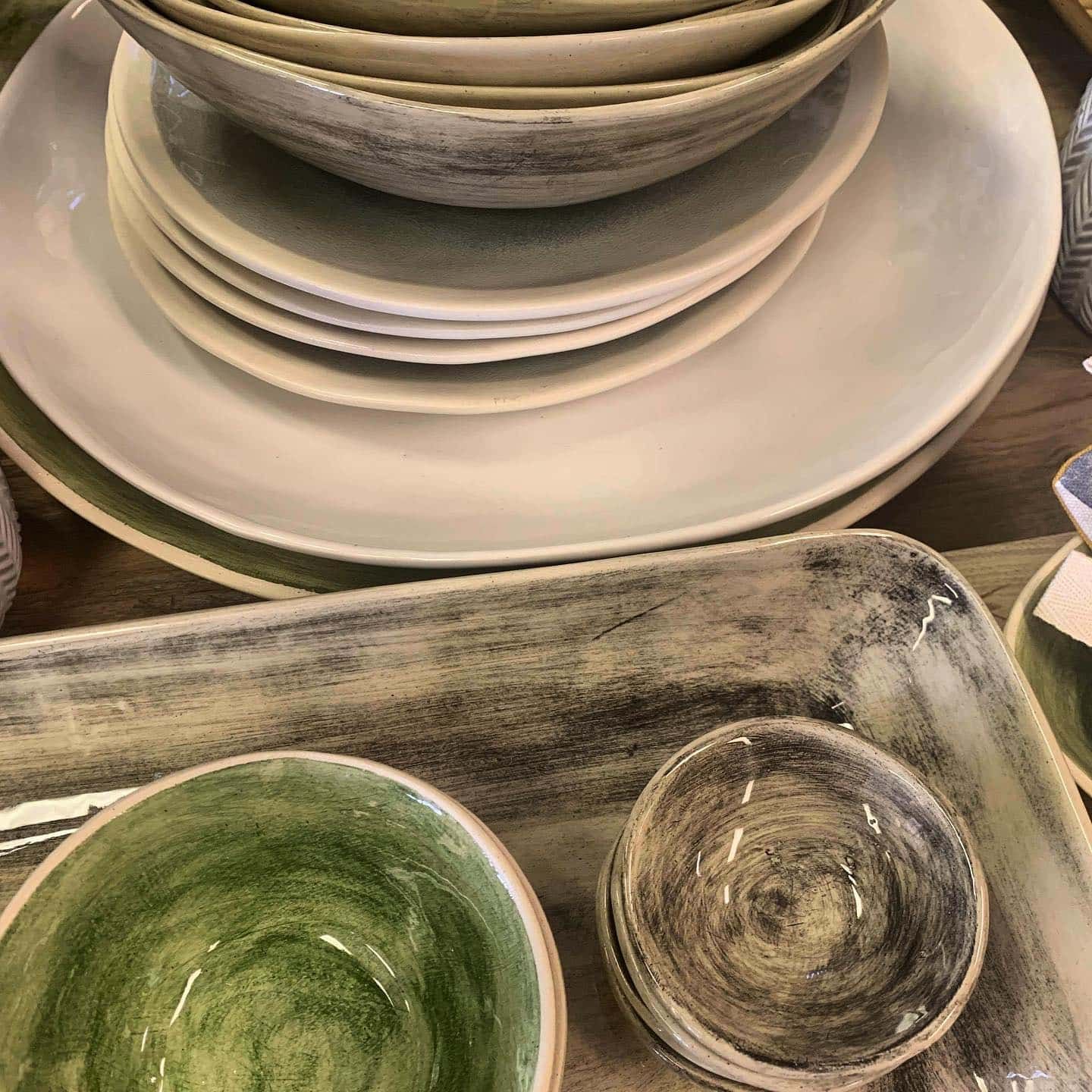 Stack of Ceramic Dishes in Neutral Colours, Including Bowls and Serving Tray — Decadence Gifts & Homewares in Emerald, QLD