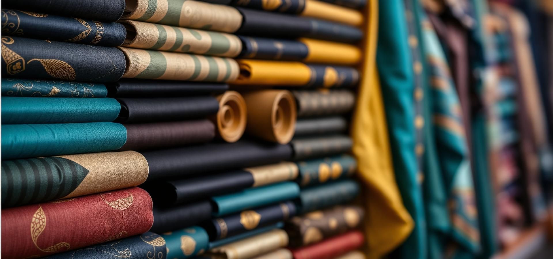 Stacked colorful folded fabrics with patterned teal, gold, and maroon rolls