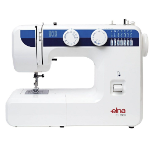 White Elna sewing machine with blue accents and dials on the front.