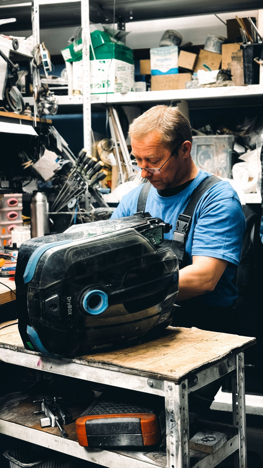 Person working on a motorcycle gas tank in a cluttered workshop, surrounded by tools and shelves.