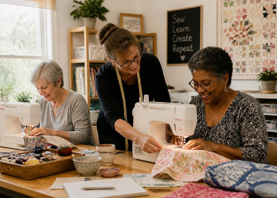 People sewing fabric at a craft table in a bright sewing room