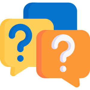 Colorful speech bubbles with question marks in blue, yellow, orange, and white