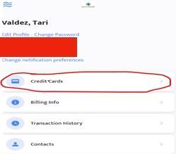 User account settings page showing options for Credit Cards, Billing Info, Transaction History, and Contacts.