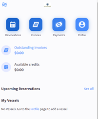 Mobile app dashboard showing navigation icons for Reservations, Invoices, Payments, and Profile, with account balances.
