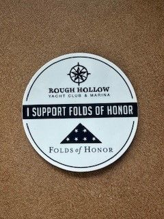 A white circular sticker on a brown surface reading