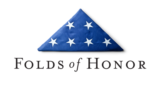 The Folds of Honor logo featuring a blue triangular folded American flag above the organization's name in serif text.