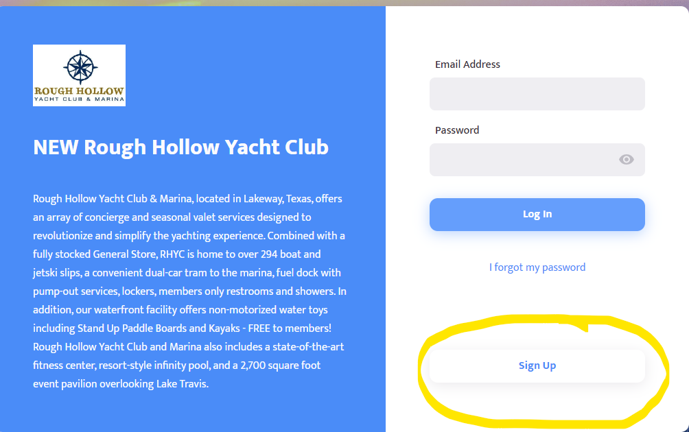 Login page for Rough Hollow Yacht Club featuring a description of the venue and a highlighted 'Sign Up' button.