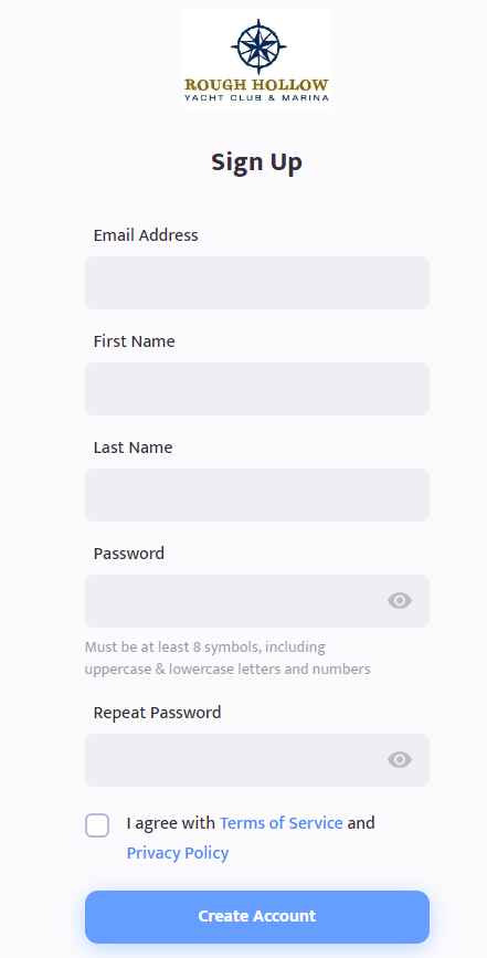 Sign up form for Boone Hollow featuring fields for email, name, password, and a terms of service agreement checkbox.