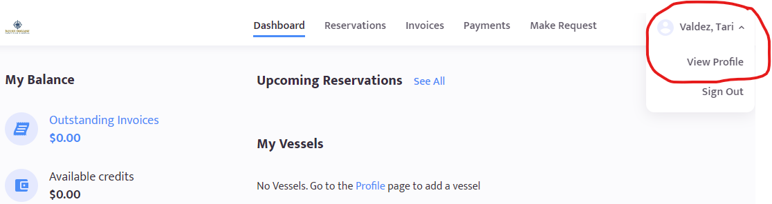 A web dashboard showing a user account menu expanded in the top right corner with profile and sign out options.