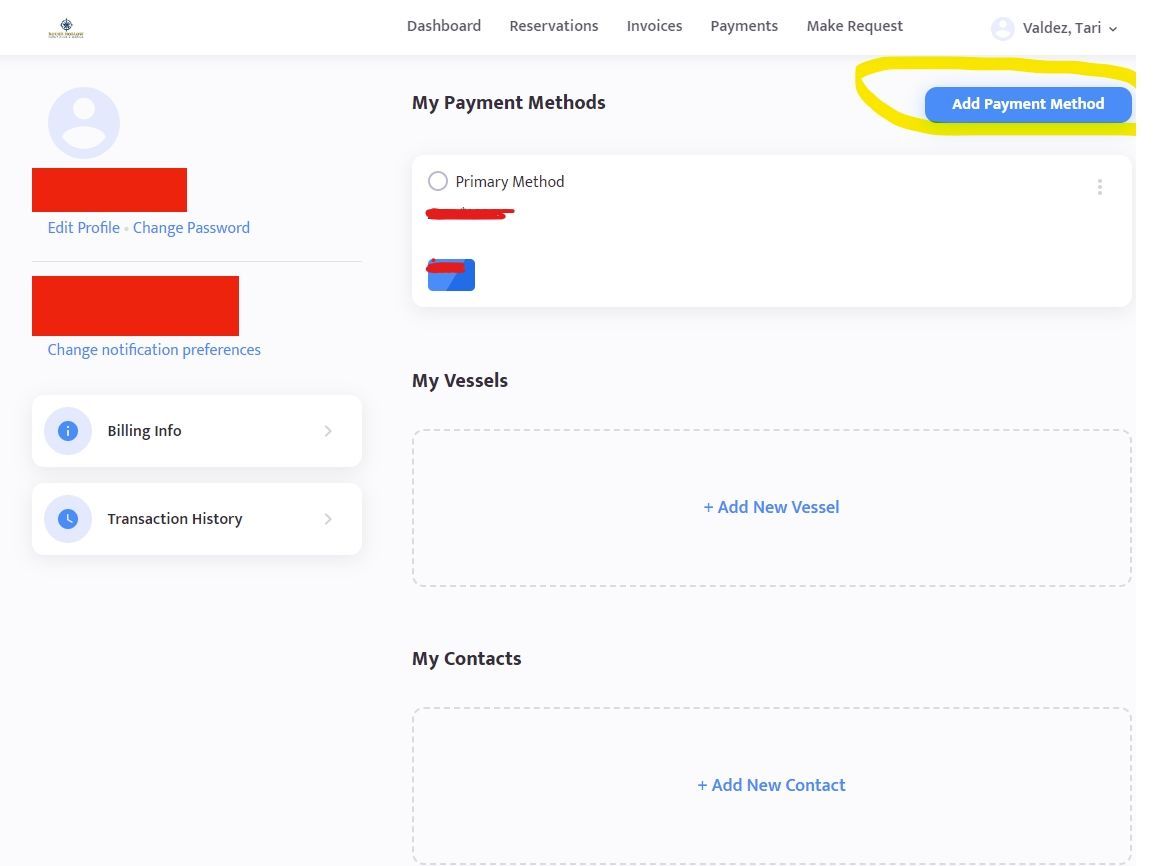 Account settings screen showing payment methods, addresses, and contacts, with a highlighted add payment method button.