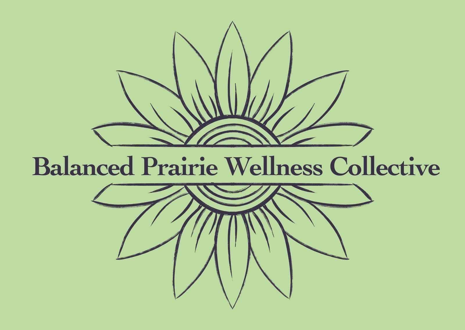 A logo for balanced prairie wellness collective with a sunflower in the center