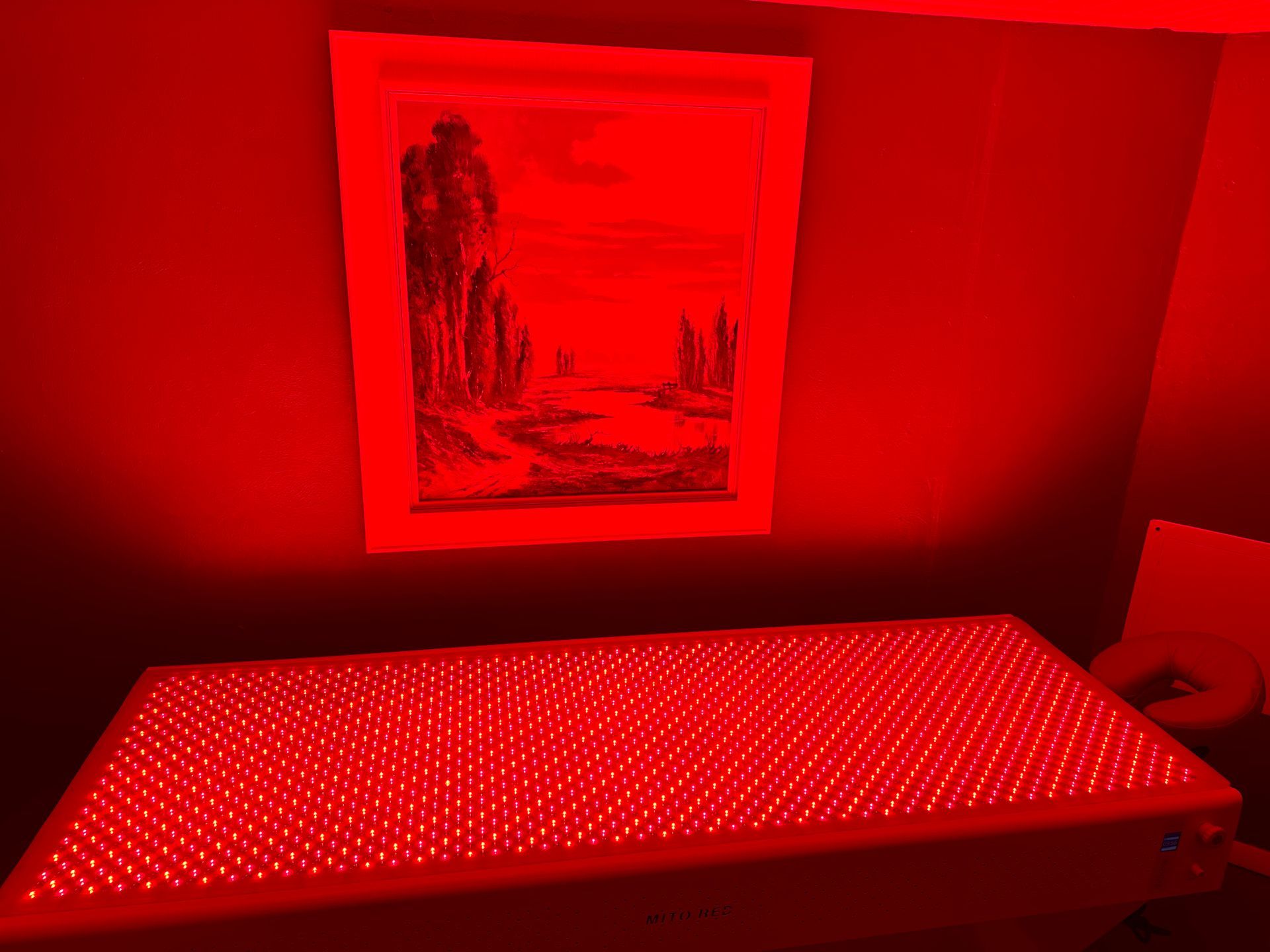 A bed with red lights on it and a picture on the wall.