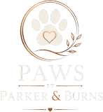 Paws by Parker & Burns logo with beige paw print, heart, and leaf wreath on white background