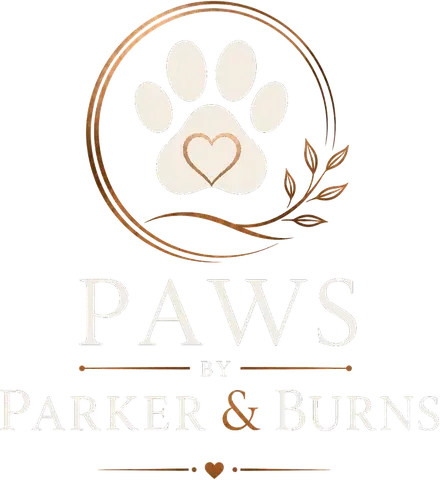 Paws by Parker & Burns logo with beige paw print, heart, and leaf wreath on white background