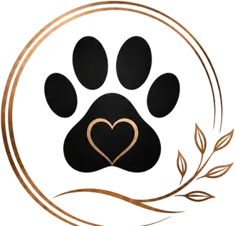Black paw print with a heart in the center, inside a copper circular wreath with leaves.