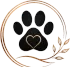Black paw print with a heart in the center, inside a copper circular wreath with leaves.