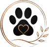 Black paw print with a heart in the center, inside a copper circular wreath with leaves.