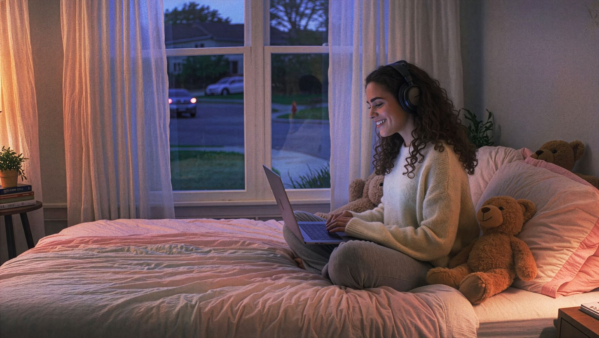 Person using a laptop on a bed in a softly lit bedroom at dusk, with a window and lamp nearby.