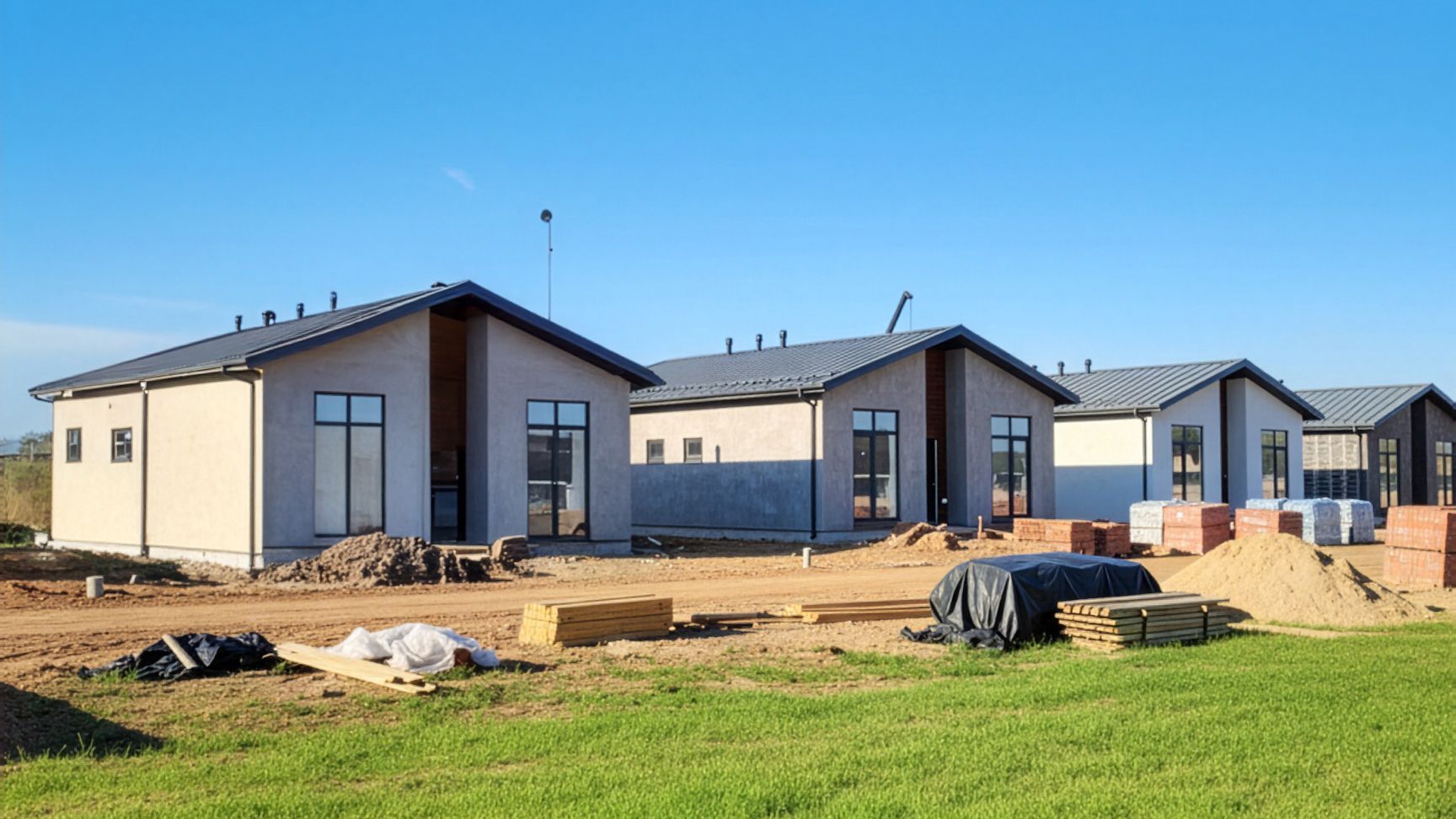 Row of modern houses under construction with unfinished yards and blue sky