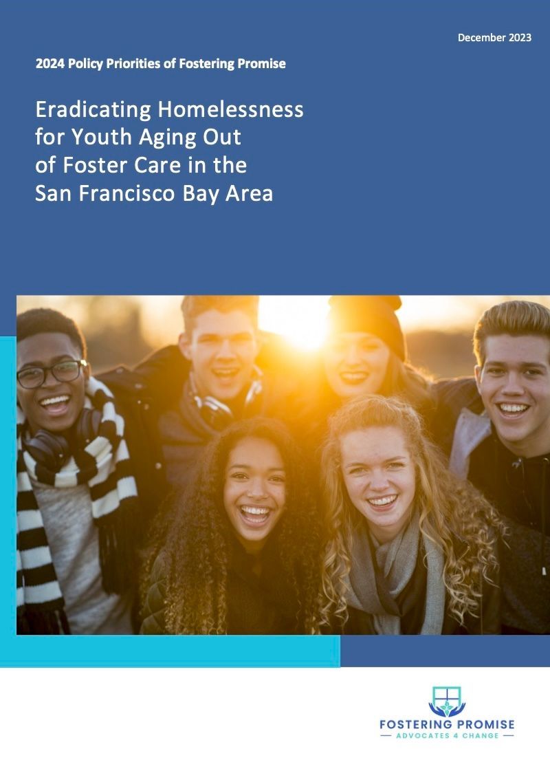 Cover of a report on eradicating youth homelessness in the San Francisco Bay Area, with smiling teens.