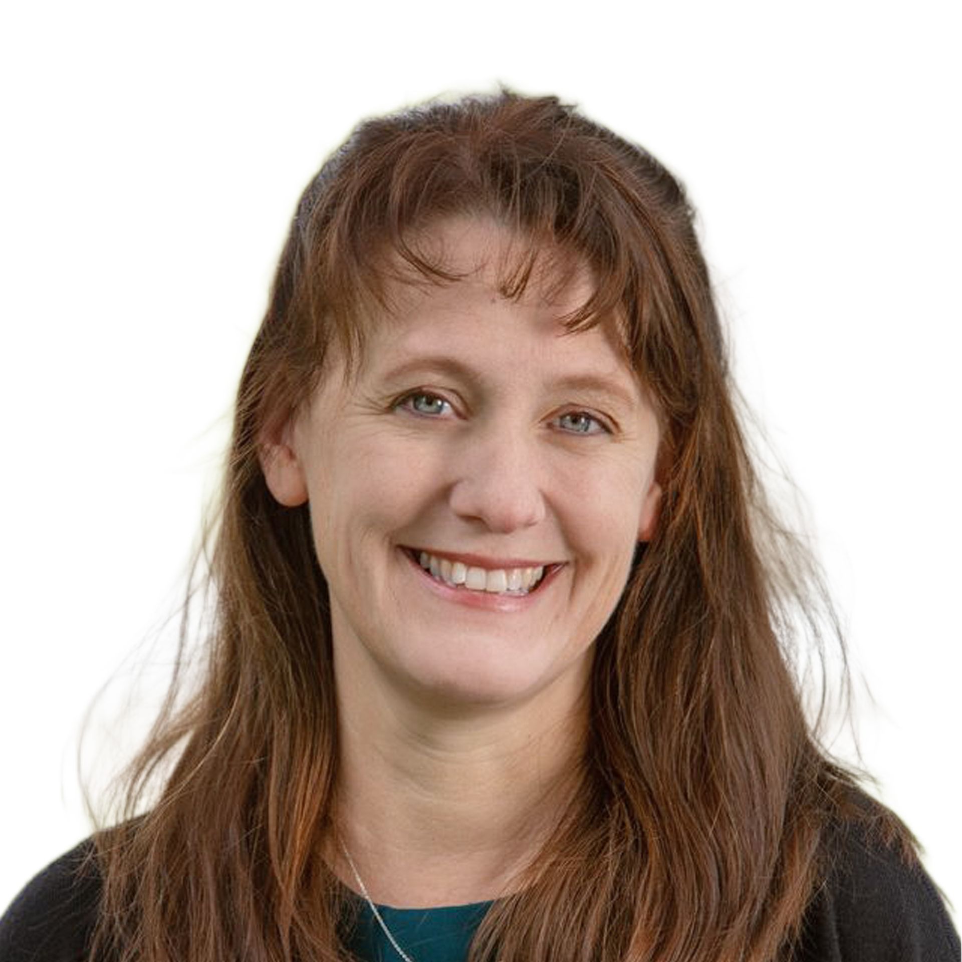Smiling woman with long brown hair against a white background