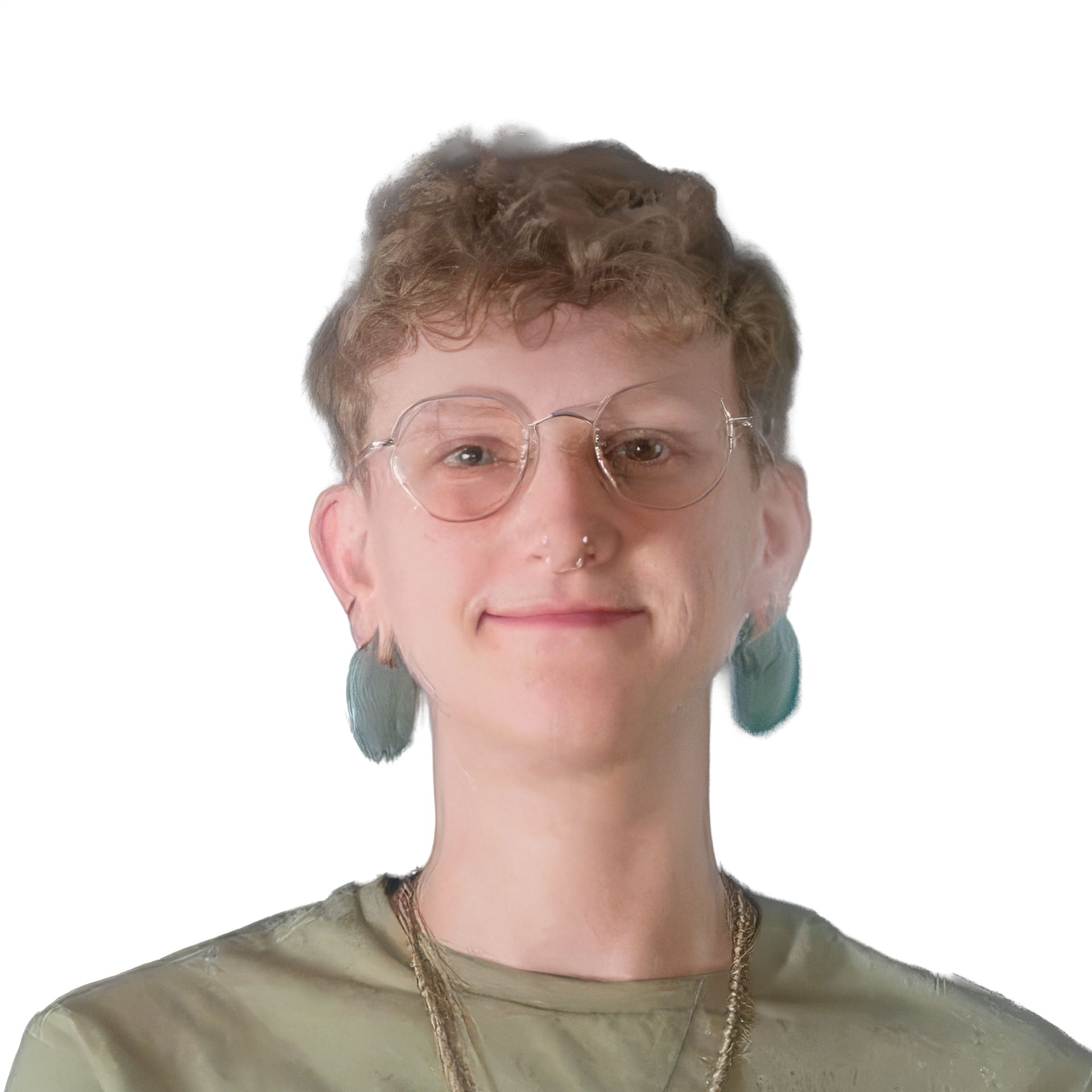 Portrait of a person with short curly hair, glasses, and teal earrings on a white background
