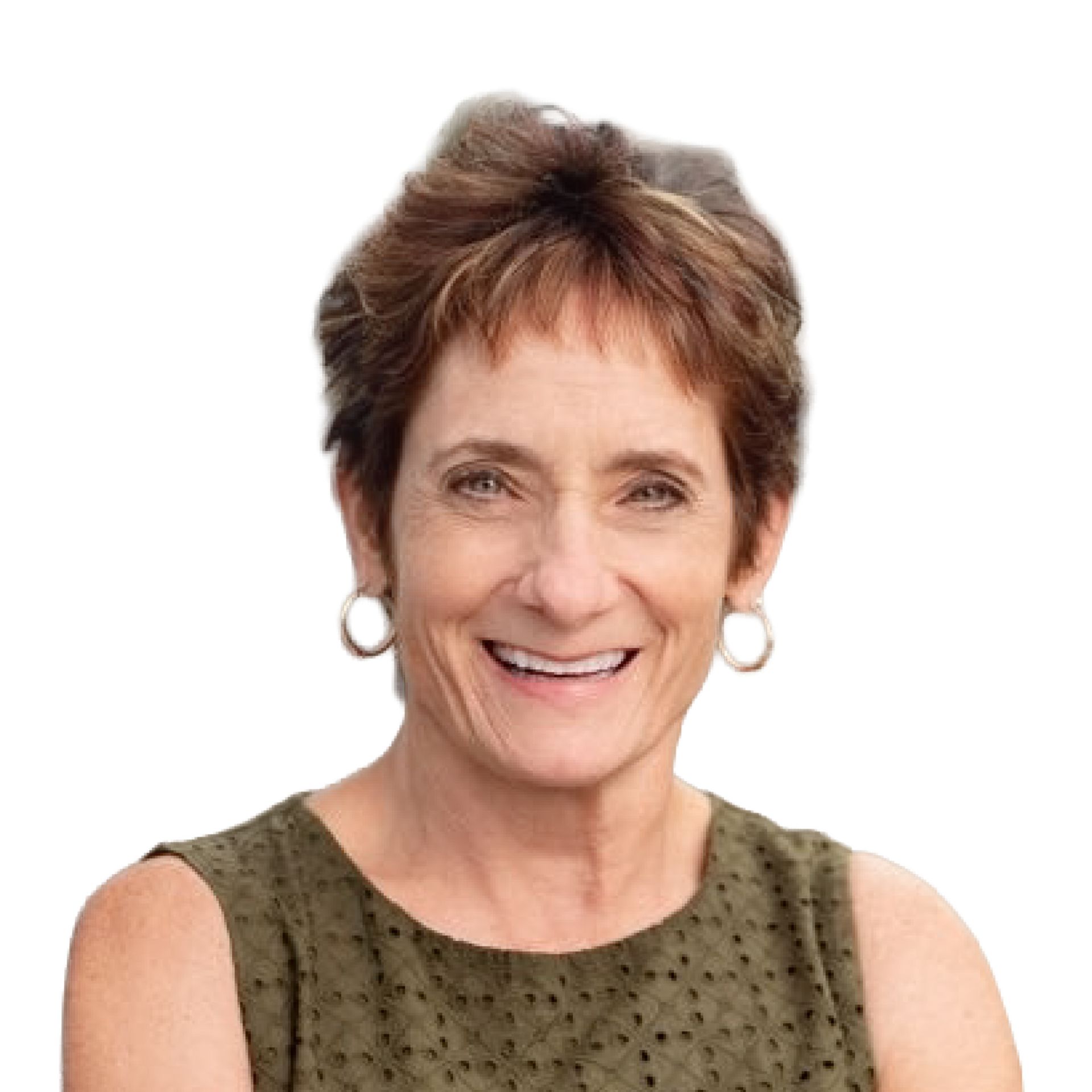 Smiling woman with short brown hair wearing a sleeveless olive-green top and hoop earrings on a white background