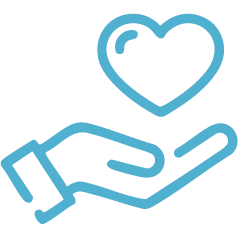Blue line icon of a hand holding a heart above it