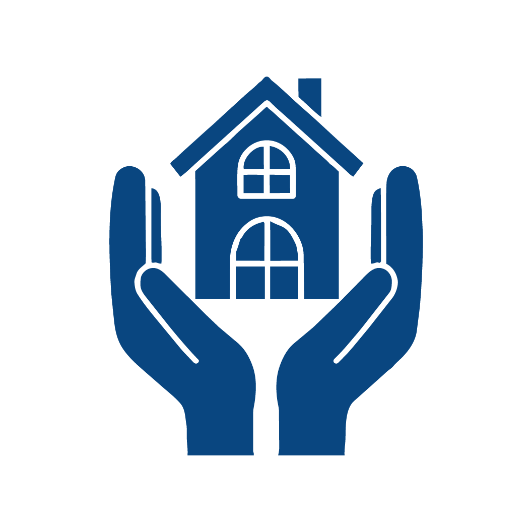 Blue icon of hands holding a house, symbolizing home protection or real estate assistance