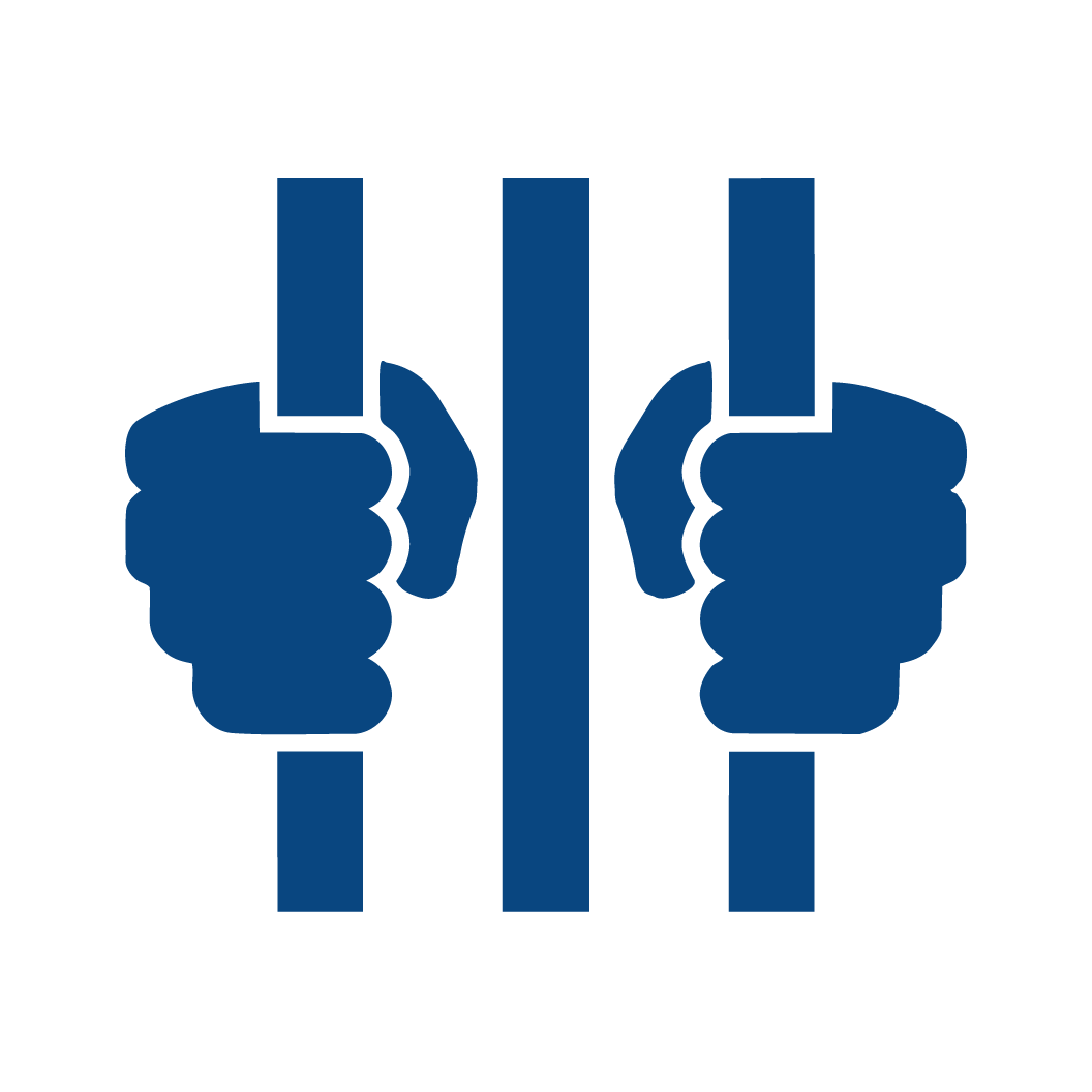 Blue icon of two fists gripping vertical bars, suggesting prison or confinement