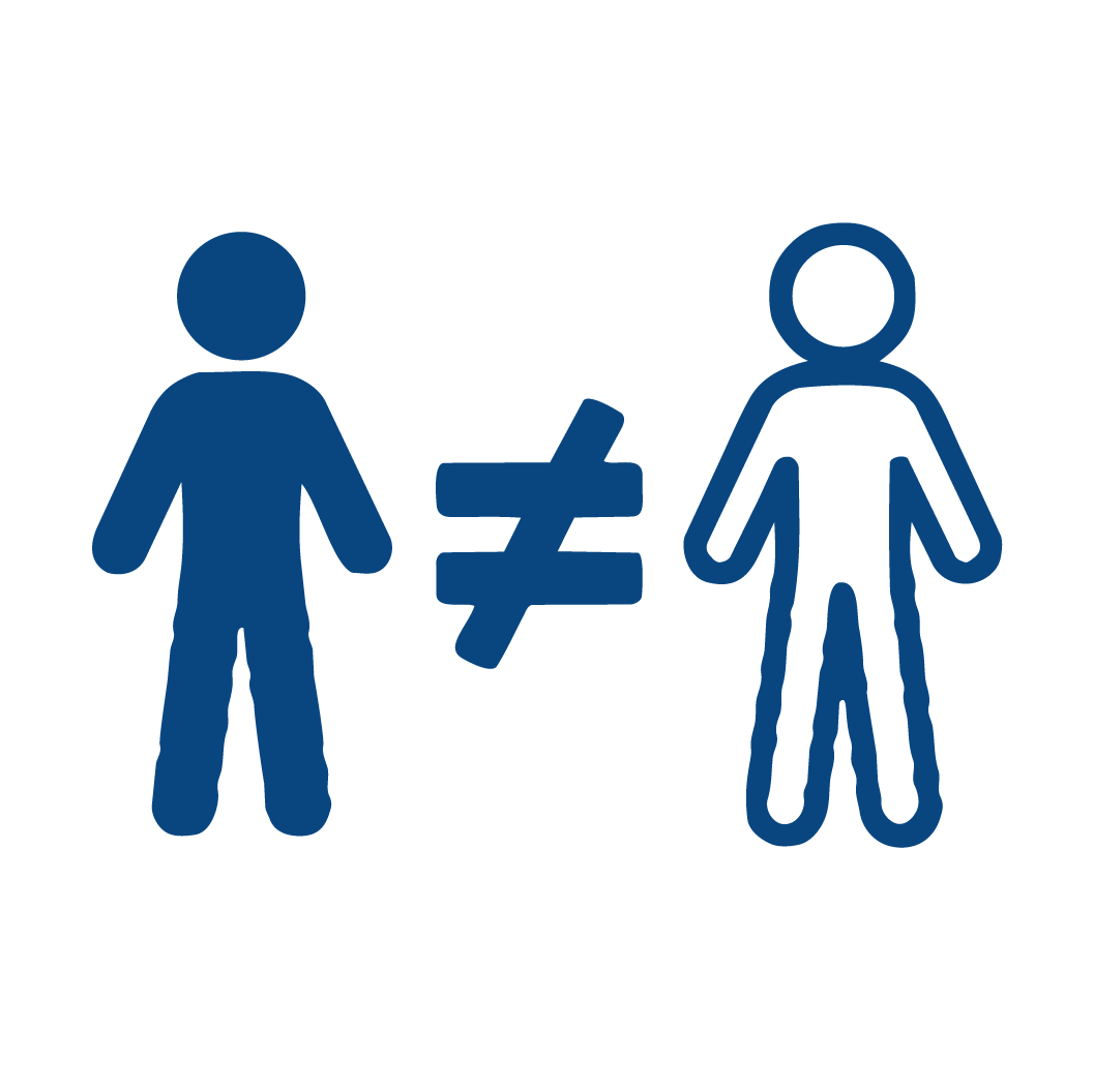 Blue male and female restroom icons separated by a not-equal sign