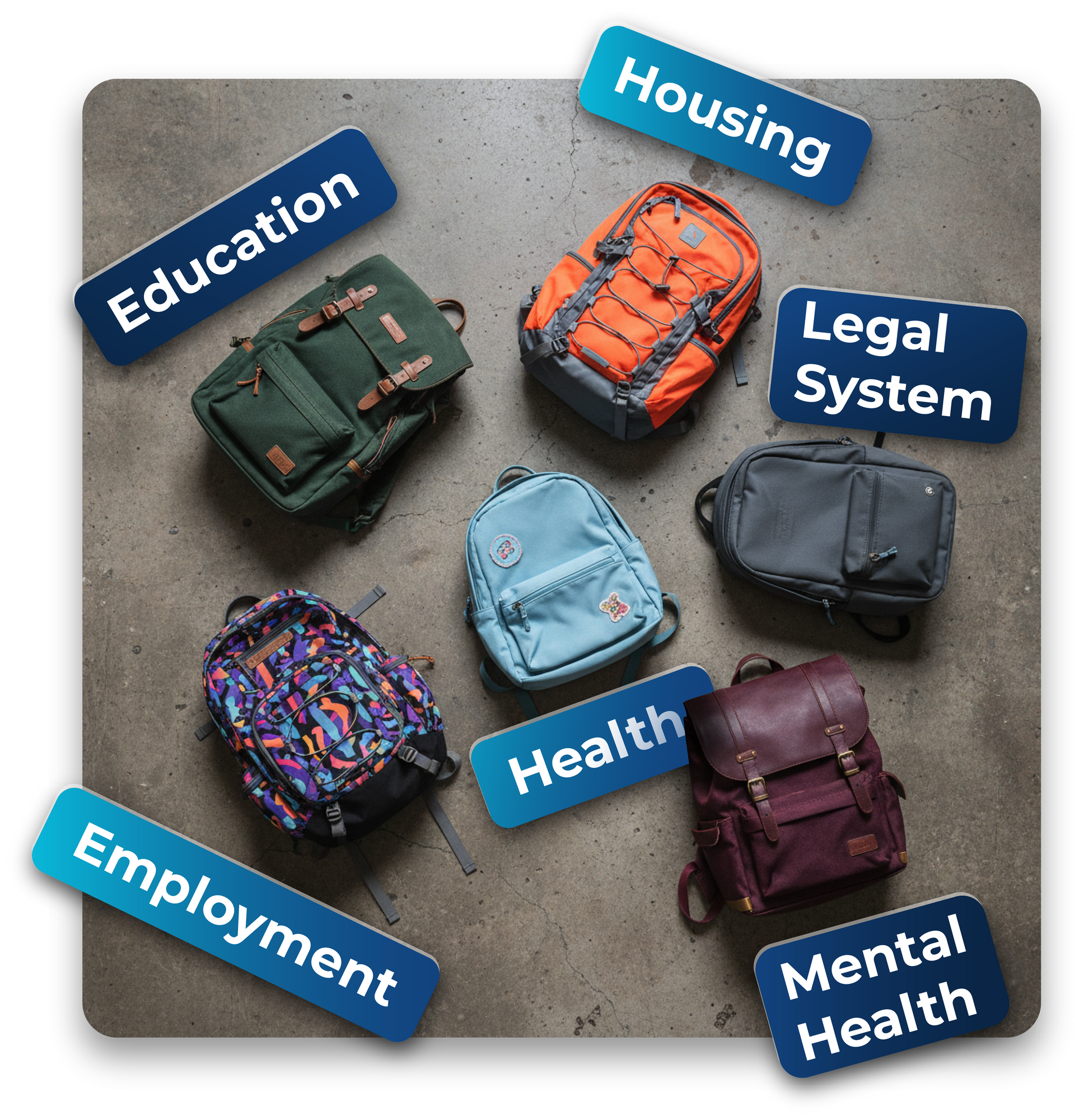 Six backpacks labeled education, housing, legal system, employment, health, and mental health on gray background