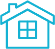 Blue outline of a house icon with a roof and window
