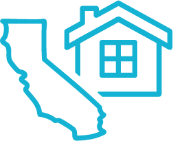 Blue outline of California beside a house icon, suggesting homeownership or housing in California