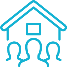 Blue outline icon of a house with three people inside, representing a family home or group living.