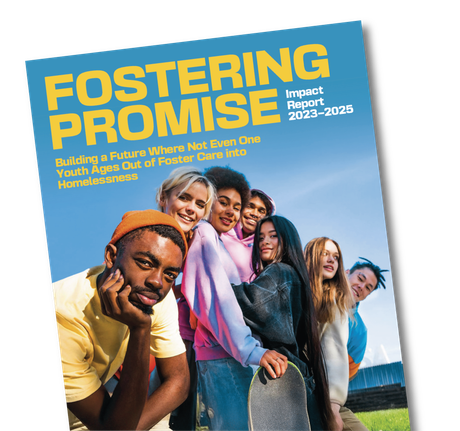 Brochure cover reading “Fostering Promise” with a diverse group of smiling teens outdoors