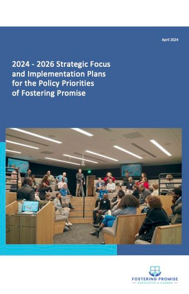 Blue report cover with meeting photo and title: 2024–2026 Strategic Focus and Implementation Plans for Fostering Promise