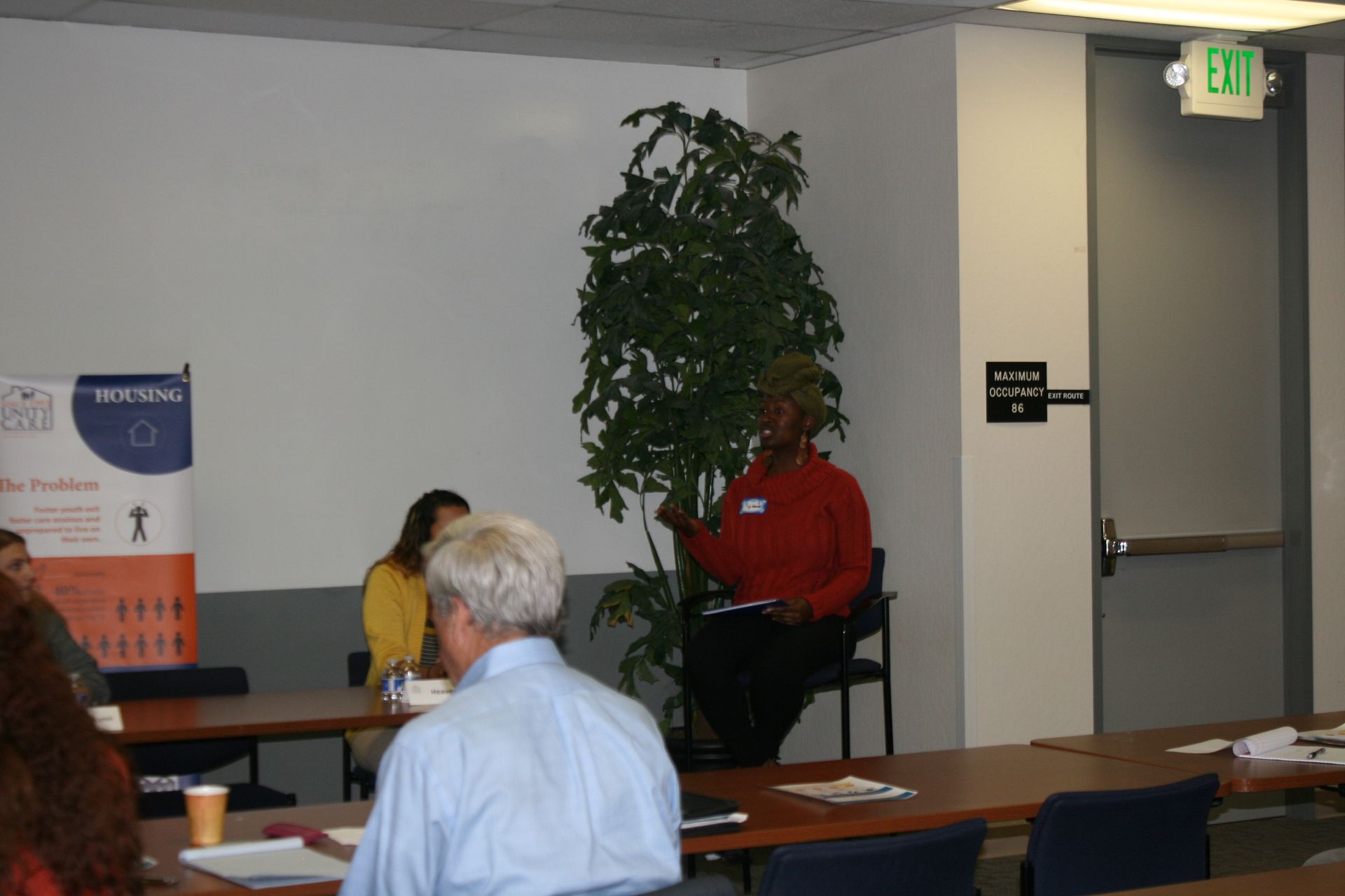 Meeting room with people seated at tables; one person in a red shirt sits near a tall potted plant.