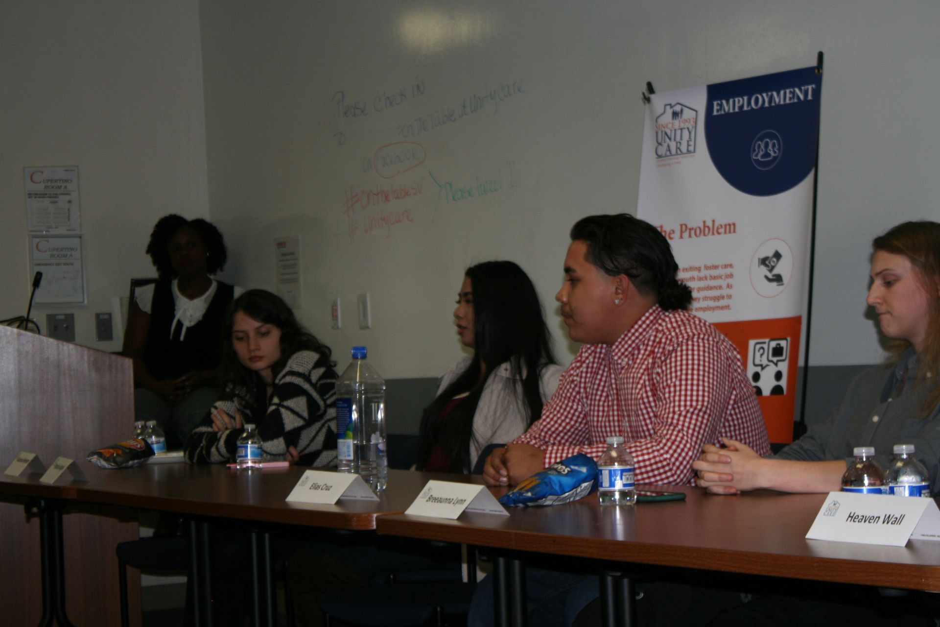 Panelists seated at a table during a meeting, with microphones and a “Employment” banner in the background.
