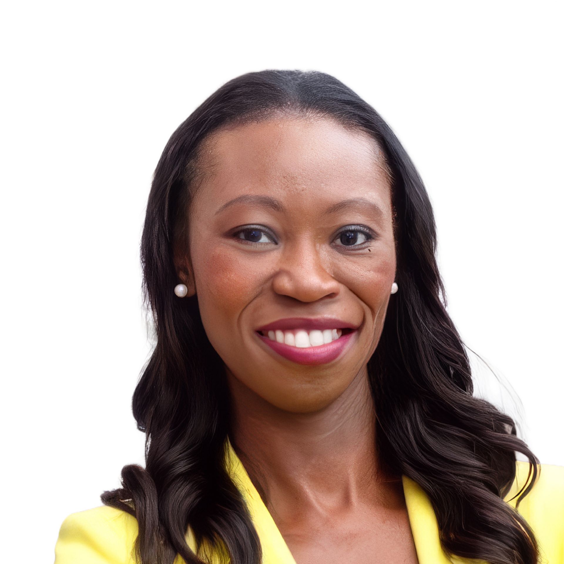 Smiling woman in a yellow top against a white background