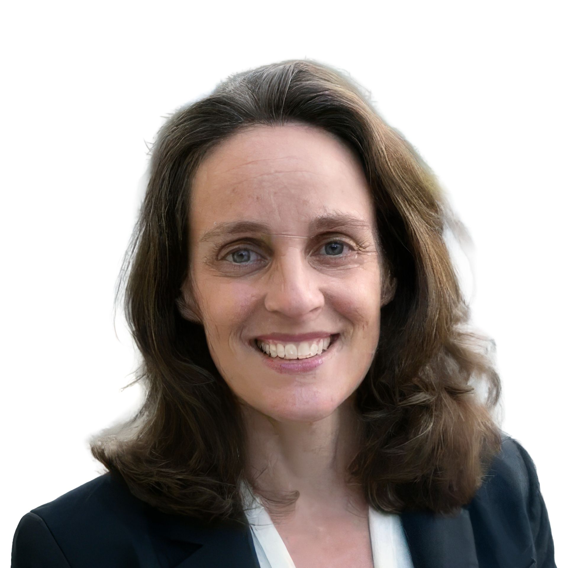 Portrait of a smiling woman with brown hair, wearing a dark blazer against a white background