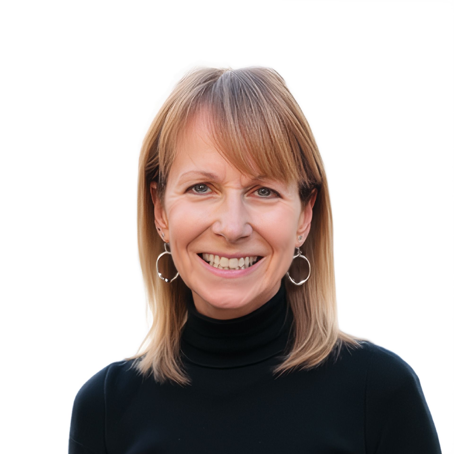 Smiling woman with shoulder-length light brown hair, black turtleneck, and hoop earrings against a white background