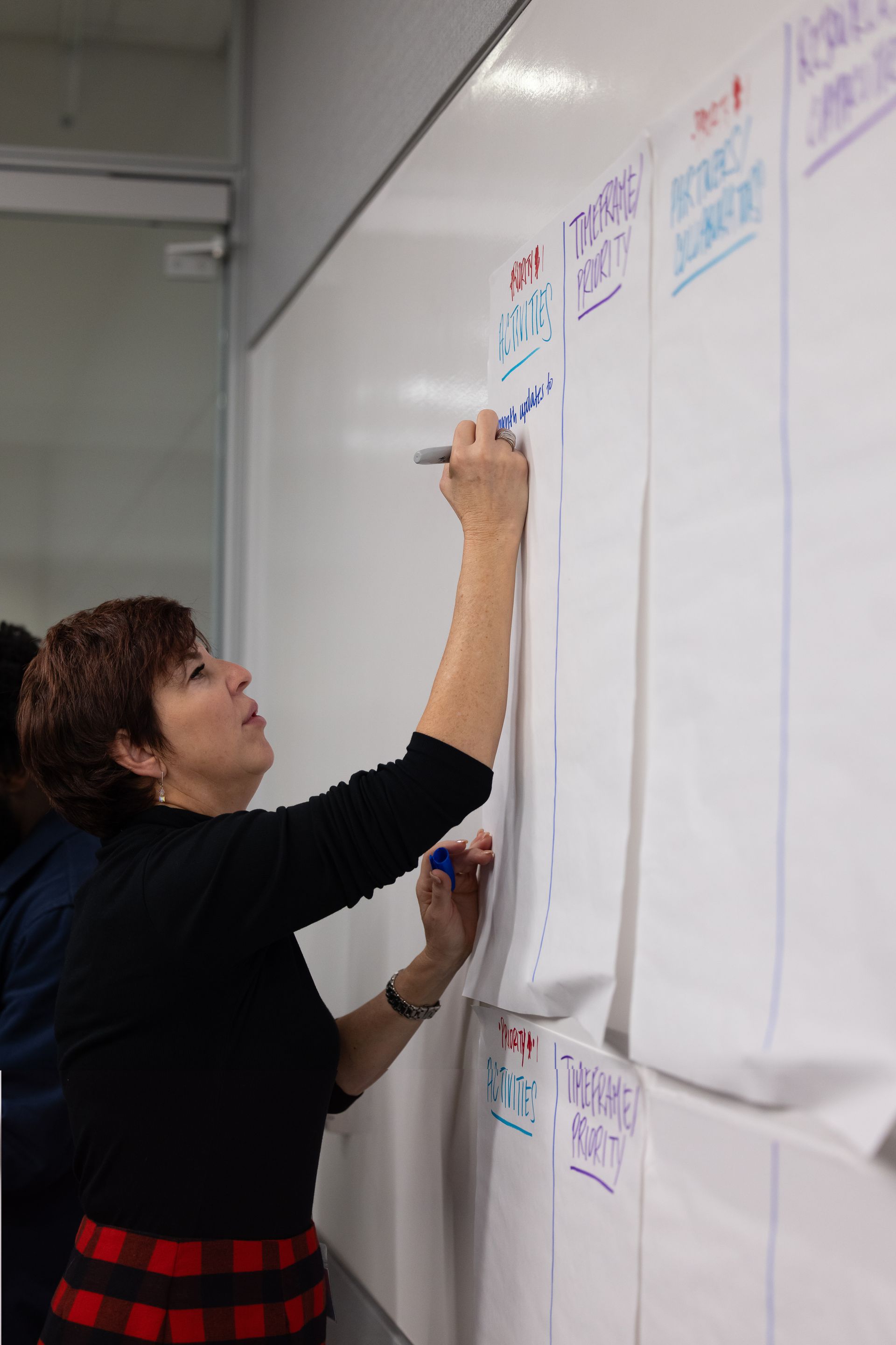 Person writing on a wall of large white note papers with a marker in a meeting room.