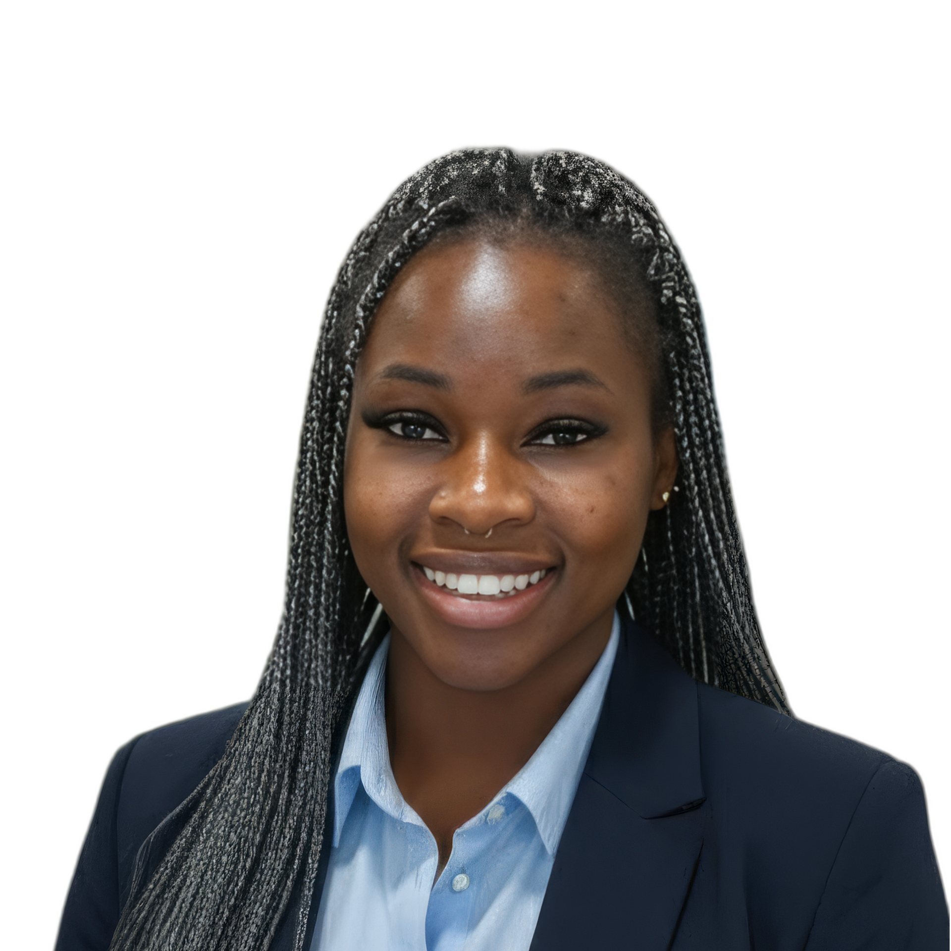 Smiling professional in navy blazer and light blue shirt on a white background