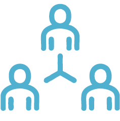 Three blue outline person icons connected in a network diagram.
