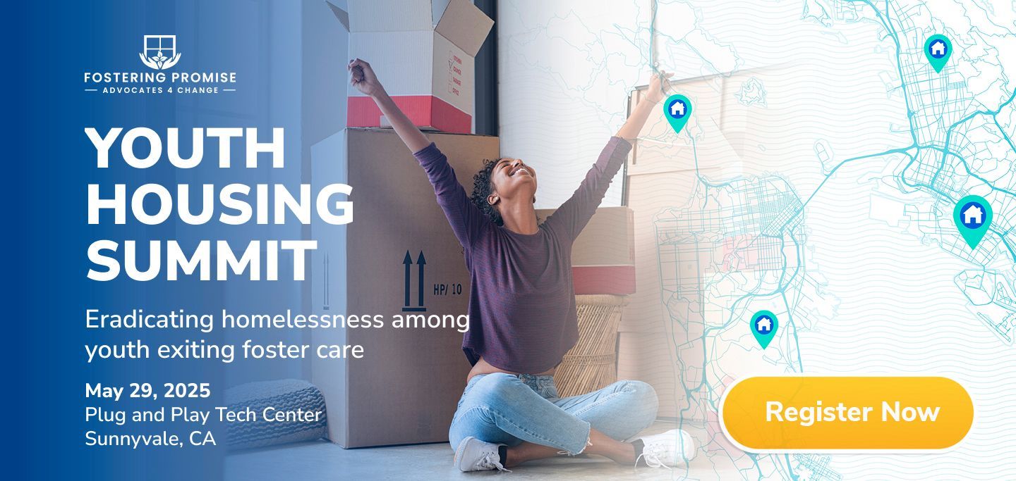 Youth Housing Summit poster with woman seated by a map and a Register Now button
